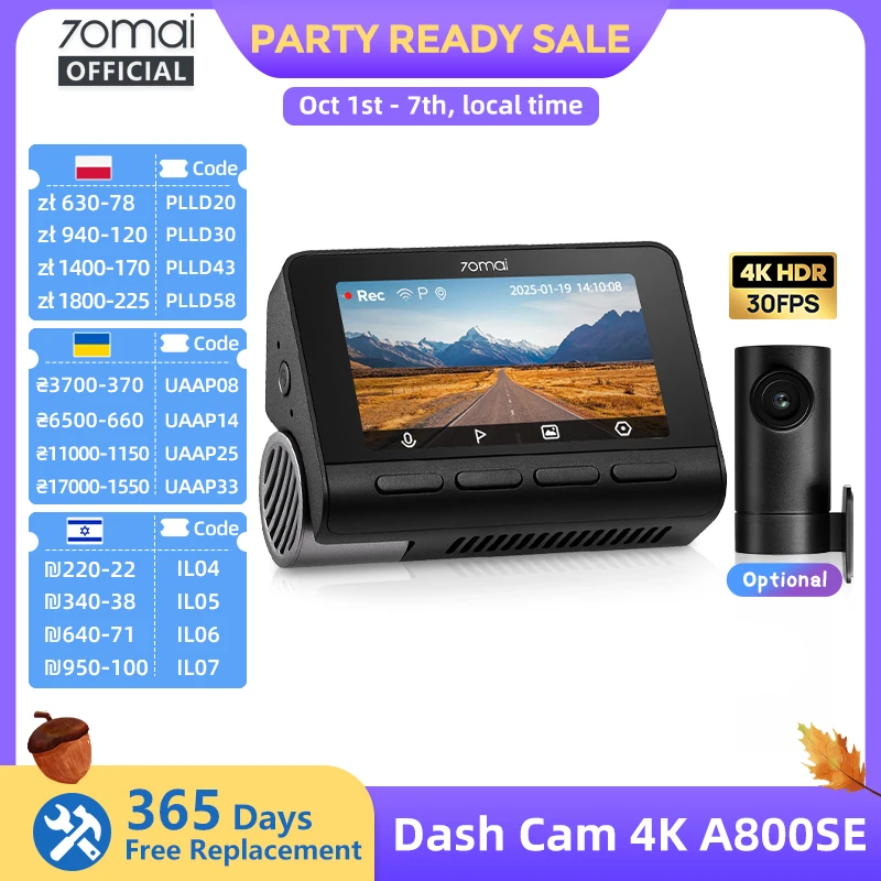 70mai Dash Cam 4K A800SE UHD Support Dual-Channel 24H Parking HDR