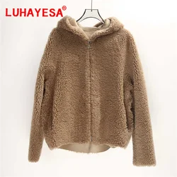 2024 Luhayesa Spain Pearl Merino Sheepskin Fur Clothes Women Hooded Khaki Loose Casual Winter Real Fur Overcoat