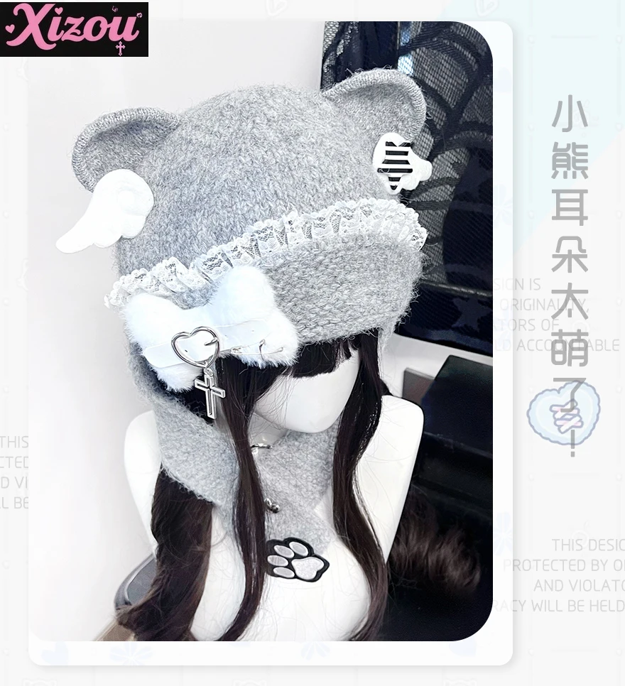 Originele Huis Beer Oorkap Schattig Subcultuur Y2k Tweedimensionale Wollen Hoed Zacht Schattig Water Kleur Bot Kant Vleugels Warme Muts voor Vrouwen