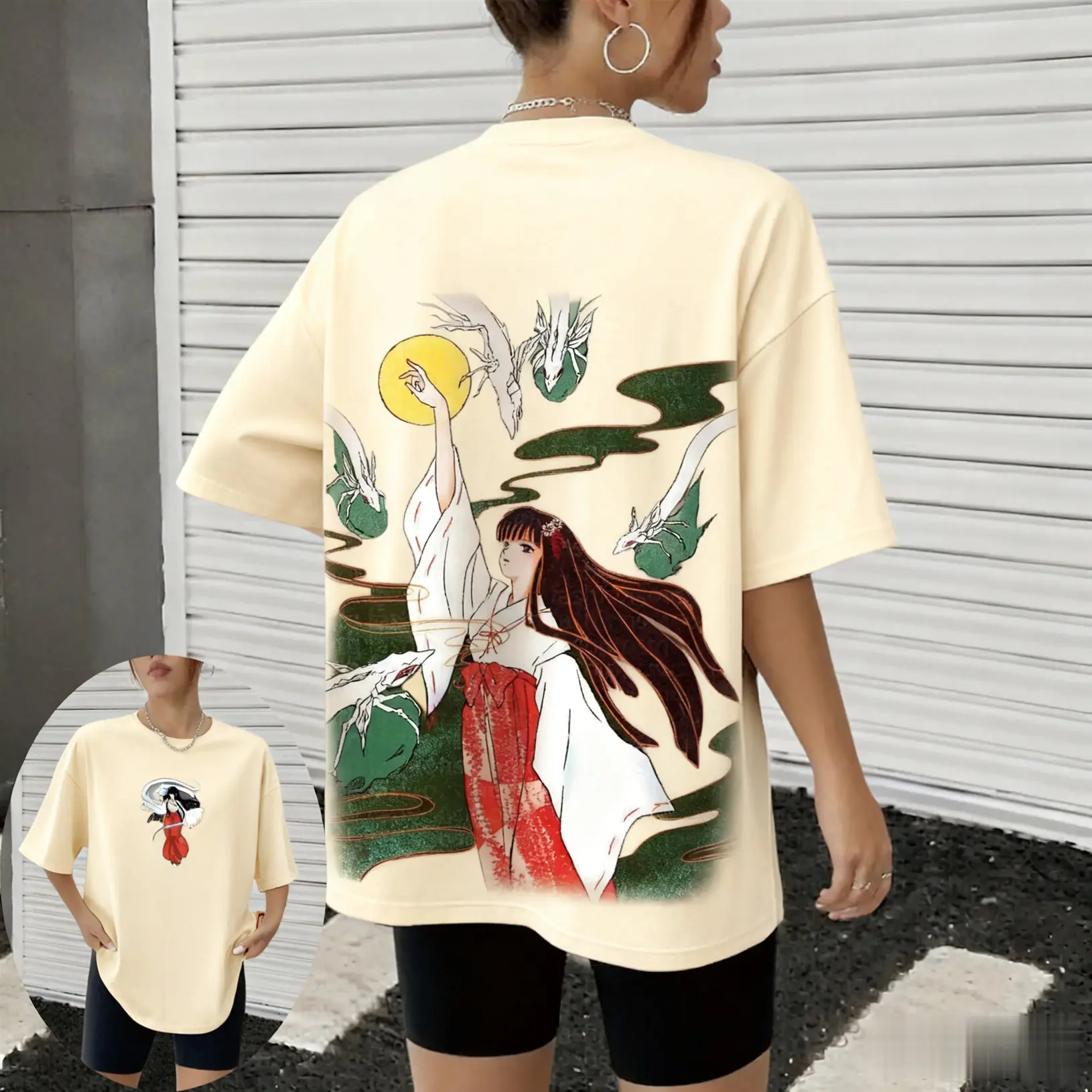 Inuyasha Kikyo Lässiges Damen-Eltern-Kind-Trend-Kurzarm-T-Shirt Frühling und Sommer Übergroßes Y2k Bequemes, lockeres Sport-Top