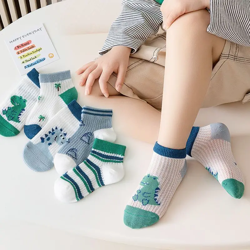 5 Pairs Of Kid's Cotton Fashion Cute Pattern Crew Socks, Comfy Breathable Thin Socks For Spring And Summer