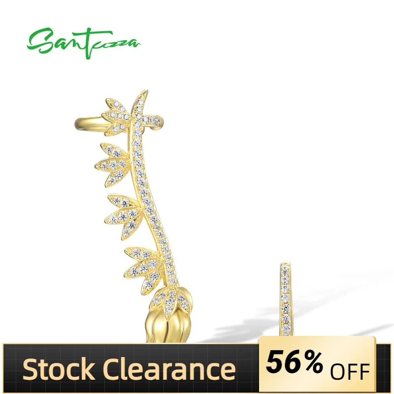 

SANTUZZA Authentic 925 Sterling Silver Earrings For Women Sparkling White CZ Unique Gold Color Flower Ear Cuff Fine Jewelry