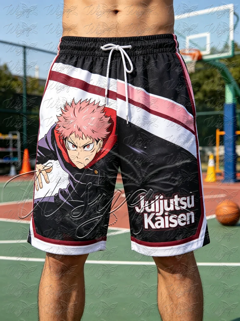 Jujutsu Kaisen Yuji Itadori Stripe Print Basketball Shorts Summer Quick Dry Unisex Drawstring Breathable Sports Casual Shorts