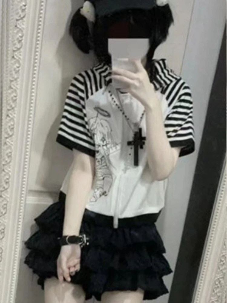 Japanese Cartoon Print Kawaii Harajuku Tee Shirts Women Y2k Casual Striped T-Shirt Tops Patchwork Zipper Hooded Gothic Tshirts