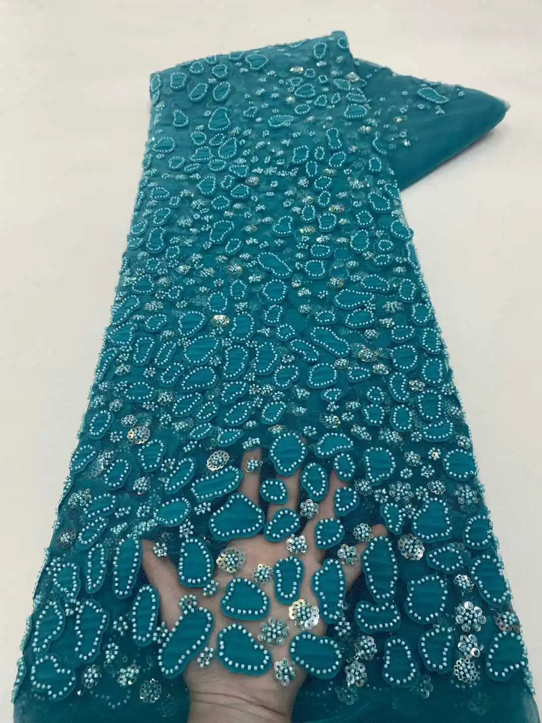 Luxo africano frisado 2025 alta qualidade lantejoulas nigerianas com renda pérola tecido de renda de tule francês para vestido de festa costura