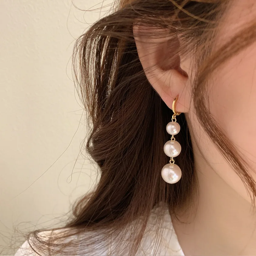 White Imitation Pearl Long Dangle Earrings for Women Golden Color Metal Hoop Earrings Wedding Party Fashion Elegant Jewelry Gift
