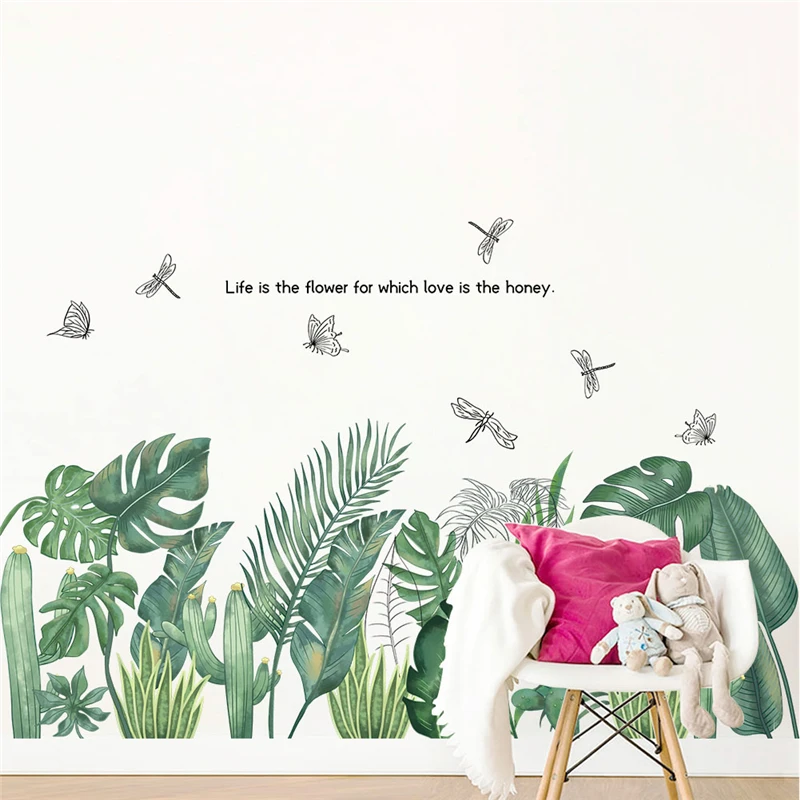 Green Leaf Butterfly Dragonfly Wall Stickers For Shop Office Home Decoration Tropical Plant Mural Art Pvc Decals Pastoral Poster