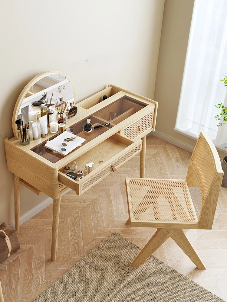 Nordic Rattan Dressing Table Integrated Solid Wood Bedroom Simple Modern Small Apartment Makeup Table