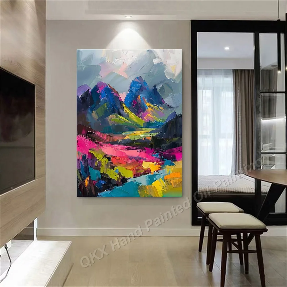 Impasto Hand-Painted Oil Painting Colorful Mountain Landscape Vertical Canvas Art for Living Room Decor Impressive Wall Art