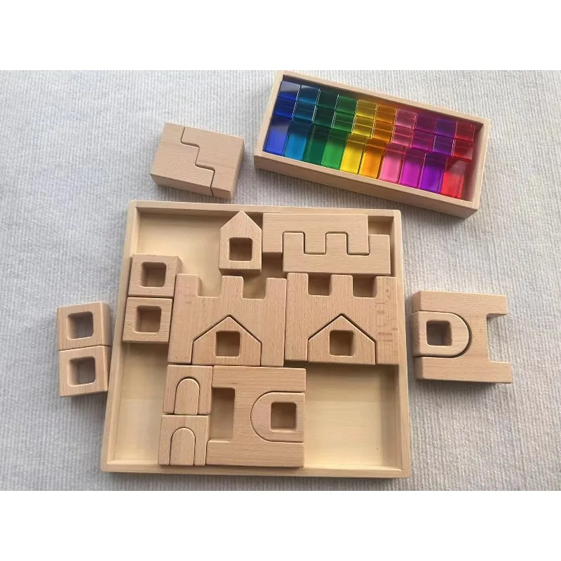 

Wooden Castle Blocks Rainbow Transparent Cubes Open Play Educational Toy Home Decor