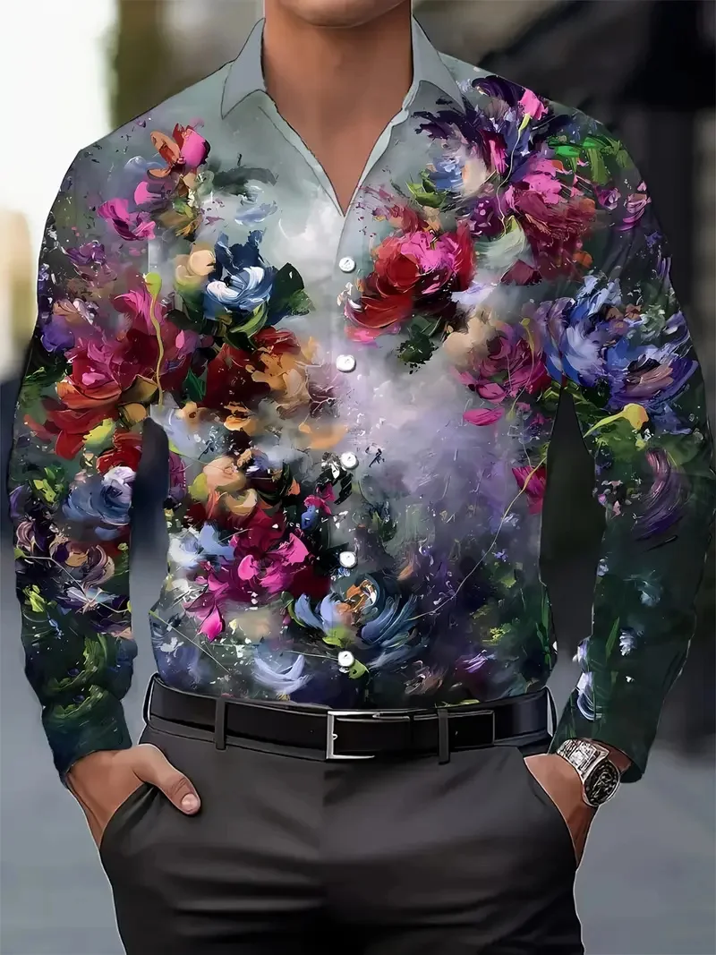 Camicia a maniche lunghe da uomo Camicia stampata floreale elegante con fiori dipinti Camicia da spiaggia casual con bottoni risvolto alla moda da uomo