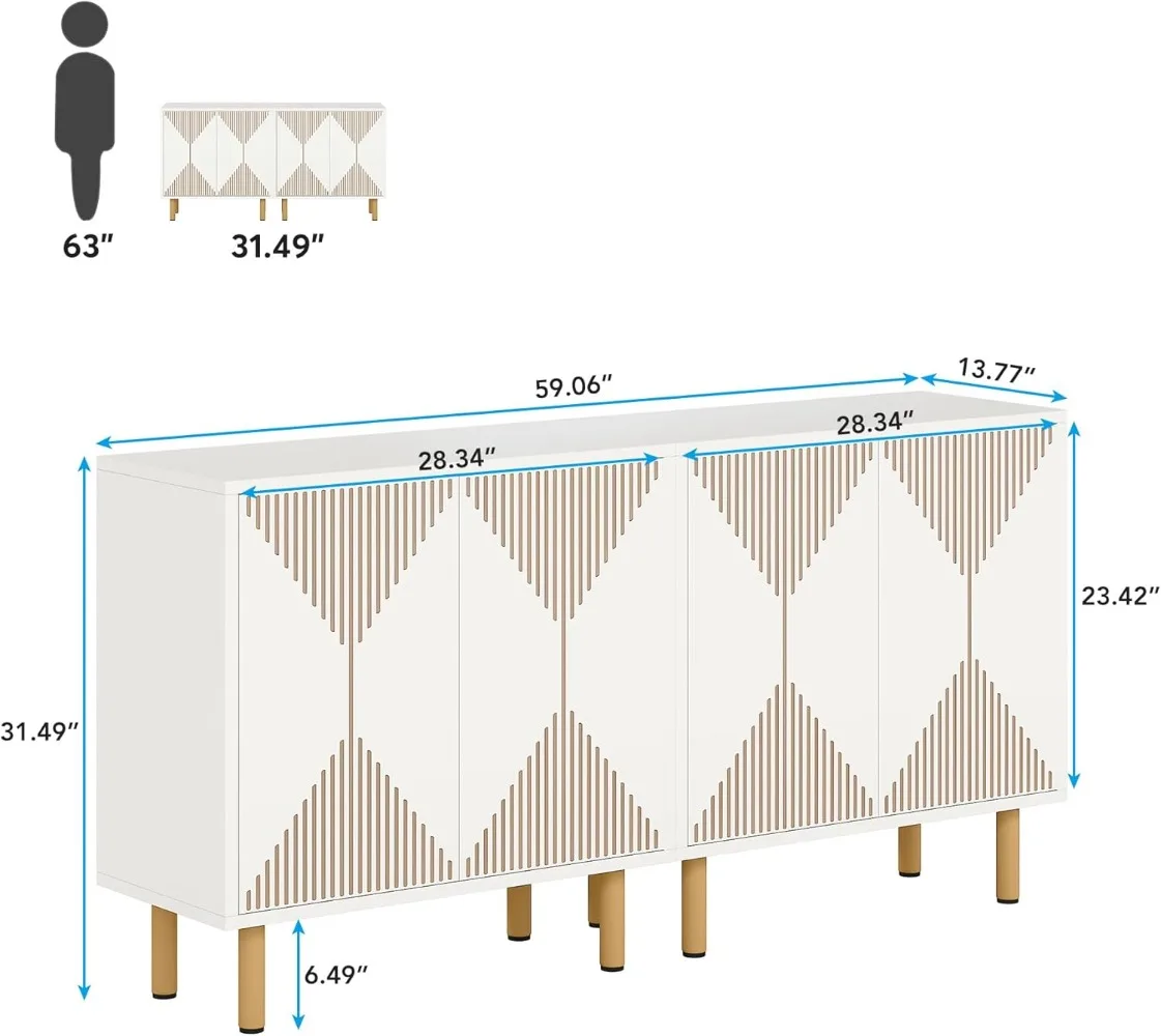 Tribesigns Modern White Storage Cabinet Set, Freestanding Floor Cabinet,59 Inches Sideboard, Wood Buffet Cabinet with Doors