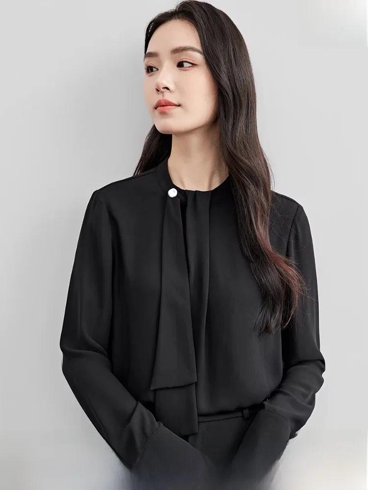 

Commute Sle Long Sve Chiffon irt Women's Stand Collar Draped Design Spring New Arrival Double Layer Blue Color Top