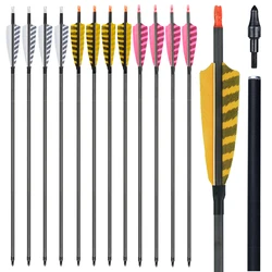 12pcs 32'' Achery Carbon Arrows with 4'' True Feather Spine 400 Replaceable Arrowhead OD 7.5mm for Hunting Compound Recurve Bow