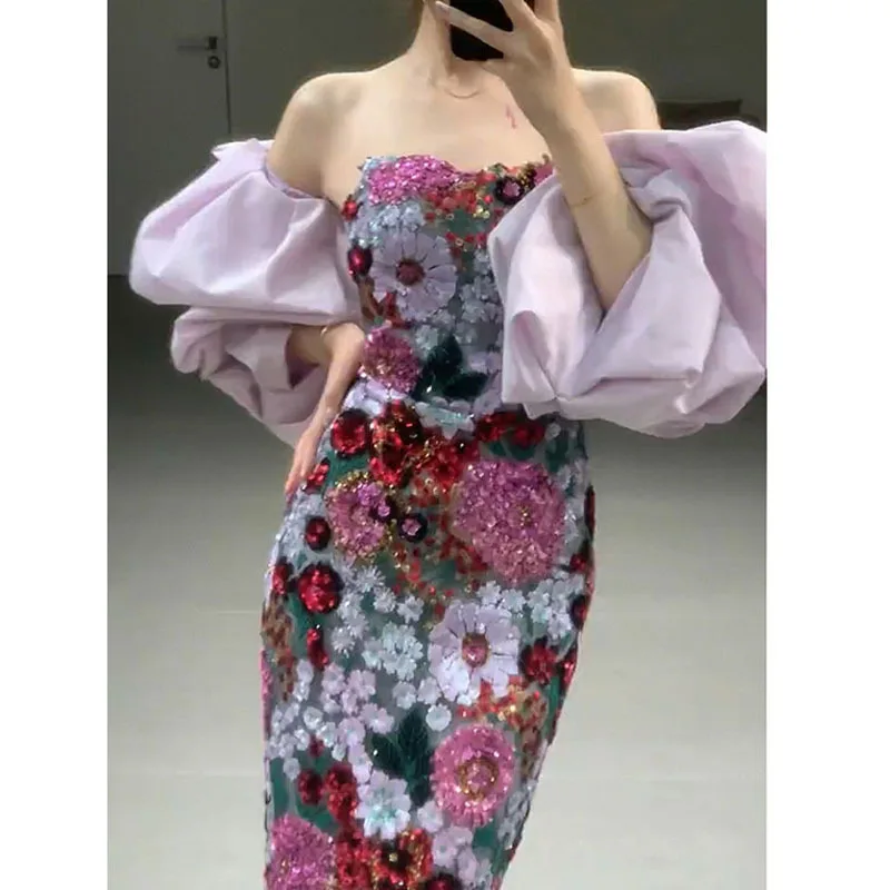 

Japanese and Korean Style Floral Embroidery Sequin Long Dress Women's Clothing Tight Retro Purple Sexy Elegant Women's Dresses