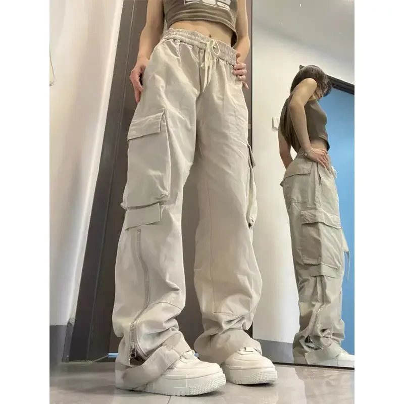 Retro Couples Straight New Oversized Pocket Cargo Pants Girls Casual Streetwear Wide Leg Pants Apricot Cargo Pant