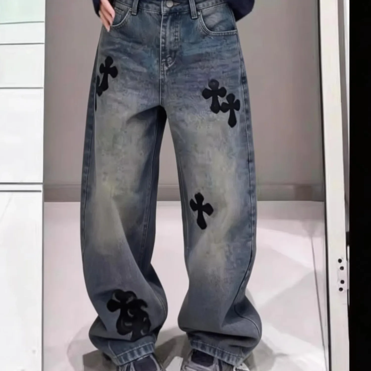 

Summer Large Size Men's Fashionable Denim Jeans Cross Stitched Patchwork Straight Leg Wide Leg Pants Comfortable Polyester Fiber