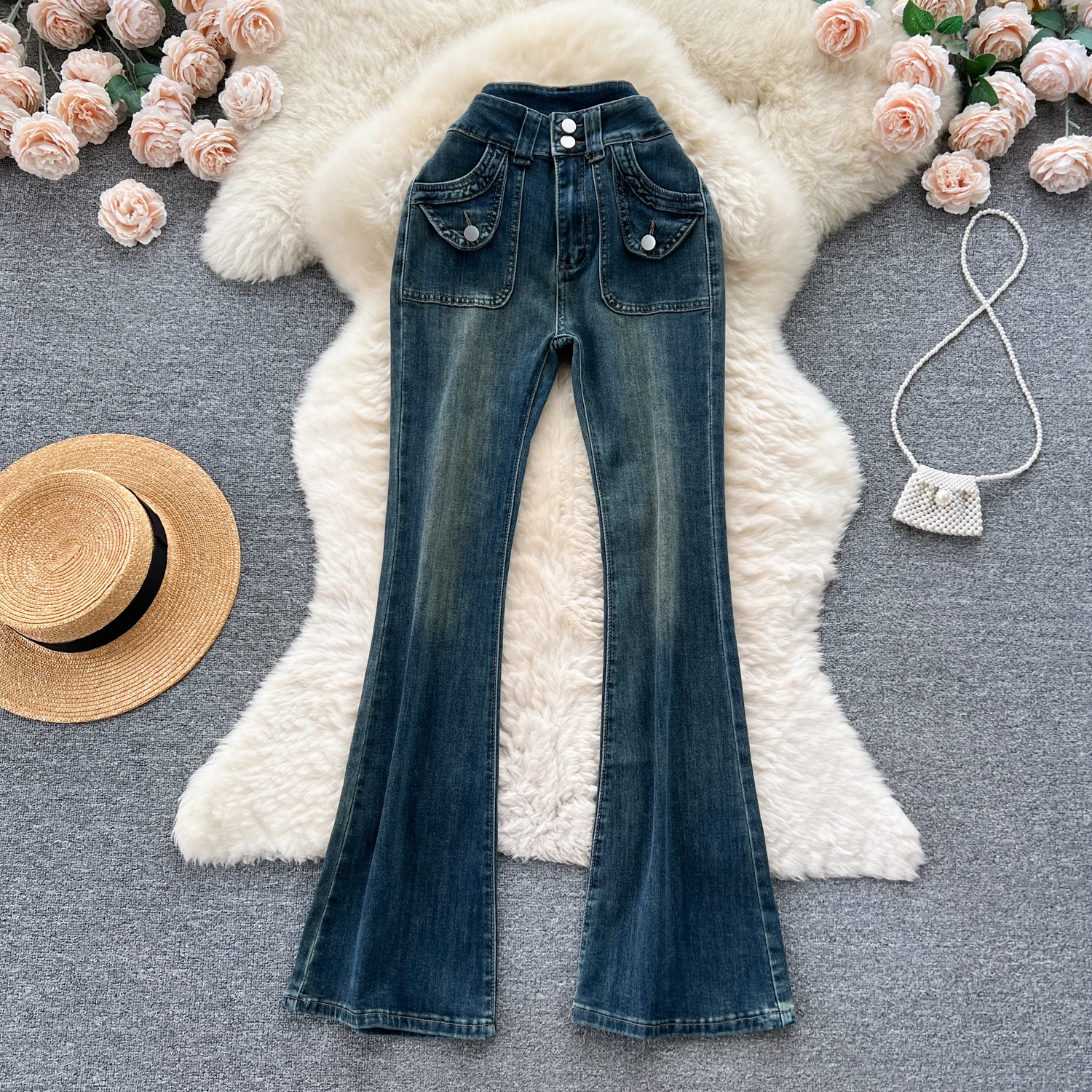 

Джинсовые брюки-клеш, женские джинсы длиной до пола, уличная одежда с высокой талией, эластичные потертые брюки с рваными карманами, 2025