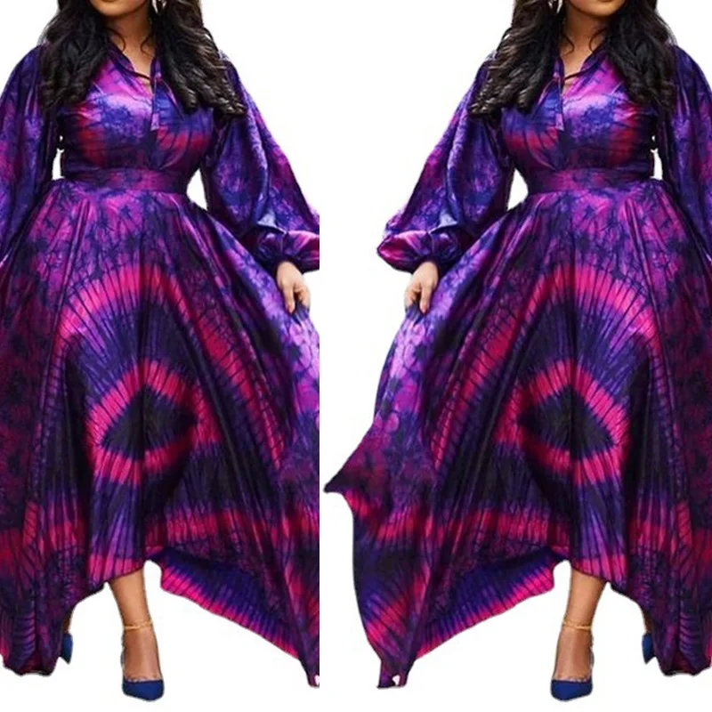 Purple Elegant Dresses For Women High Waist Loose Print 2022  Spring Plus Size Long Dress Evening Vintage Puff Sleeve Wholesale