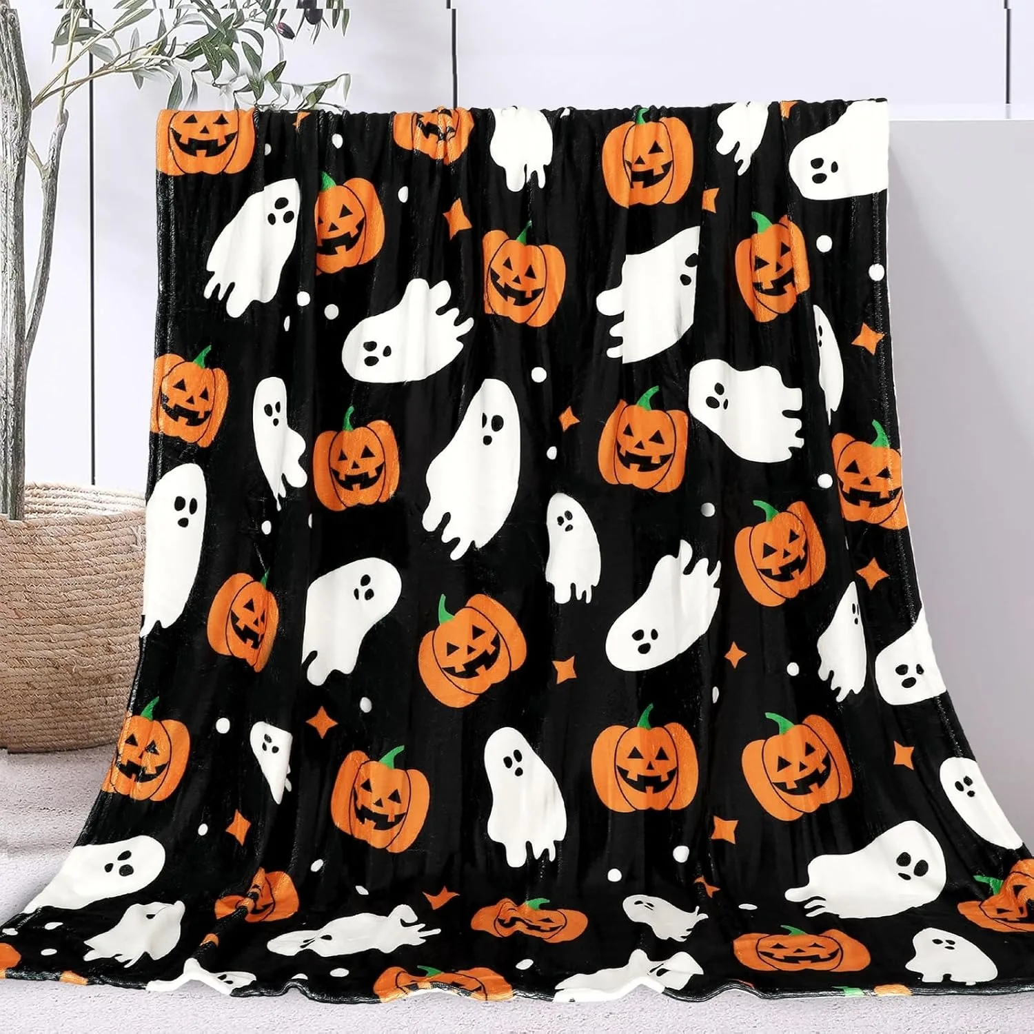 1 STÜCK Halloween-Thema-Überwurfdecke, Kürbisschädel, süßer Geist, dünne Decke, Geschenke für Couch, Bett, Auto, Zuhause, Camping, alle Jahreszeiten