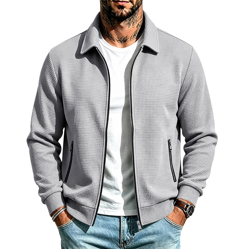 Herren Frühlings- und Herbstjacke aus Waffelstrick mit Reißverschluss, lässig, locker, leicht, mit Kragen, für den Alltag. – Detail 13