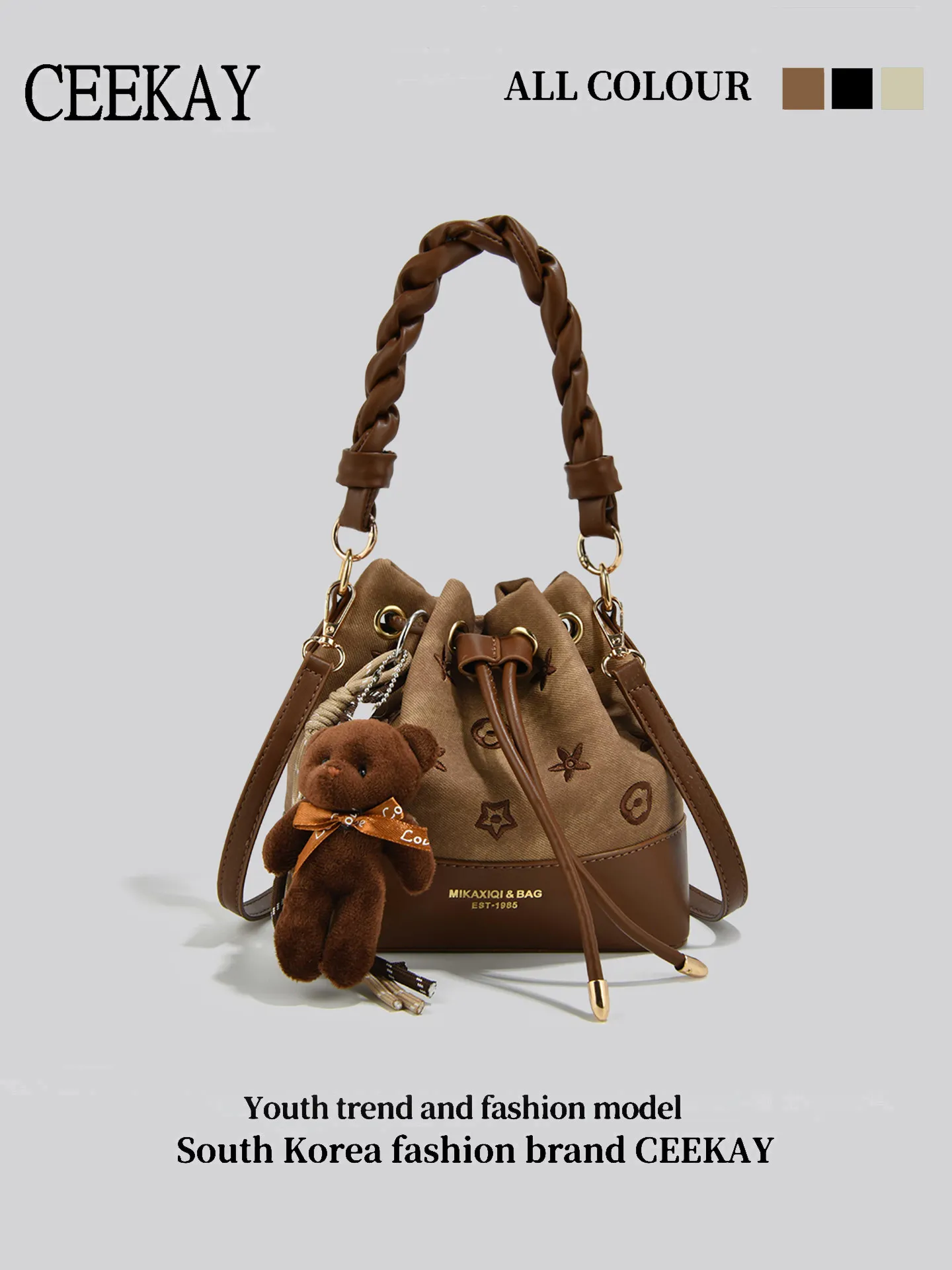 

CEEKAY Vintage Drawstring Bucket Bag, Patchwork Leather Handbag with Plush Bear Pendant, Elegant Daily Shoulder Bag Backpack