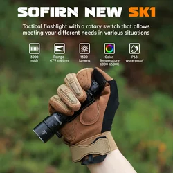 SOFIRN SK1 Tactical Flashlight 479m 1300LM EDC Rechargeable SFT25R LED Spotlight Torch with Tail Switch and Rotary Switch