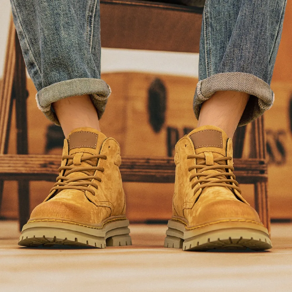 

New Outdoor Leather Mens Slip on Boots Platform Shoes Luxury Brand Men Boot Fashion All-match Men Motocross Boots