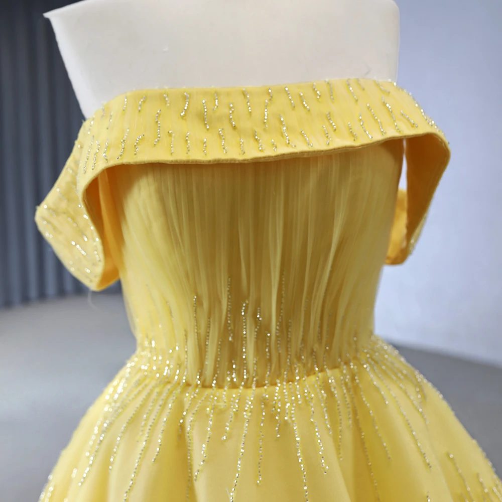 Jancember Factory Wholesale Exquisite Yellow Evening Dresses Organza Prom Dresses Short Sleeves Vestidos De 15 Años RSM231002