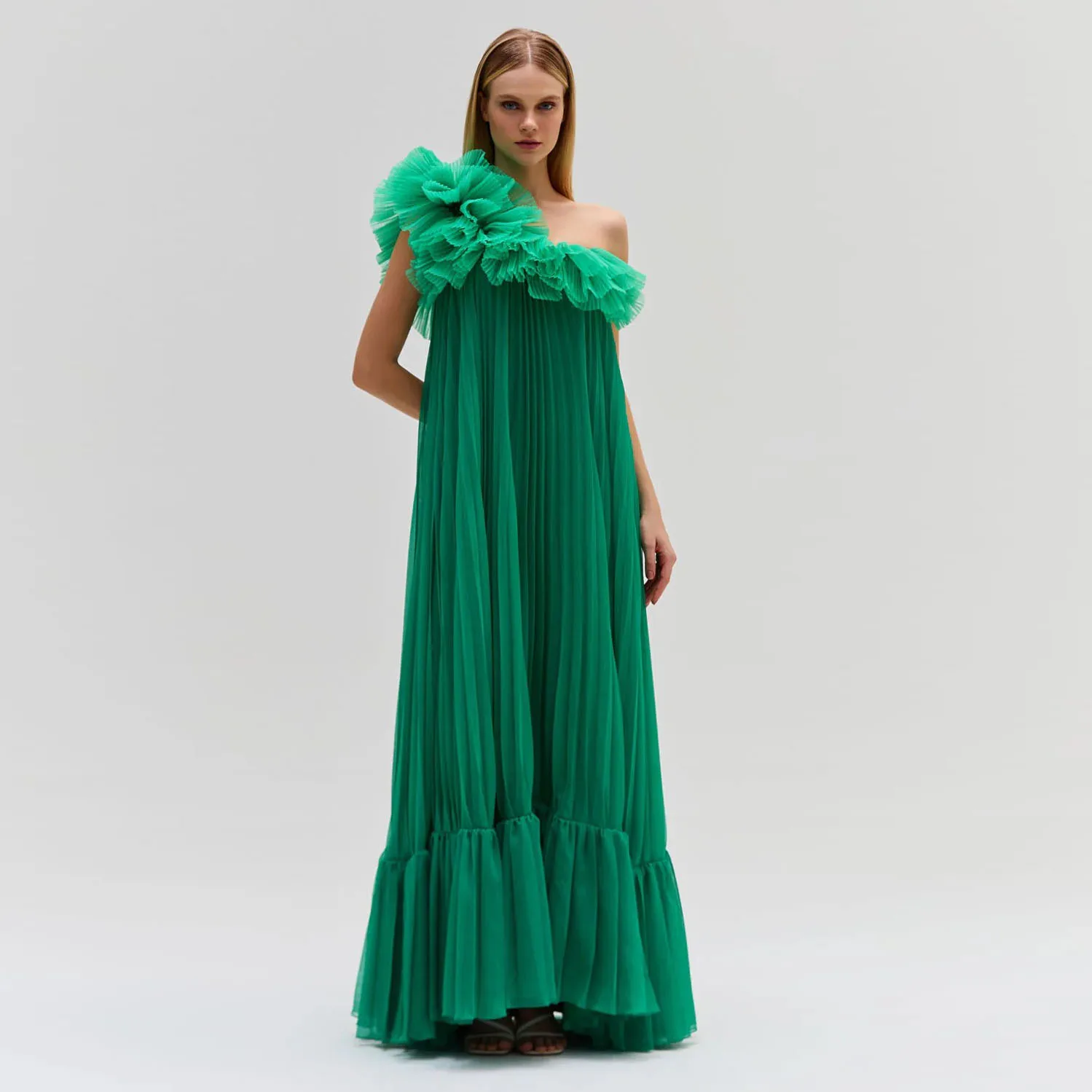 

2025 One Shoulder Ruffles Trimmed Tulle A-line Female Maxi Gowns New Couture Pleated Green Chiffon Long Women Dresses