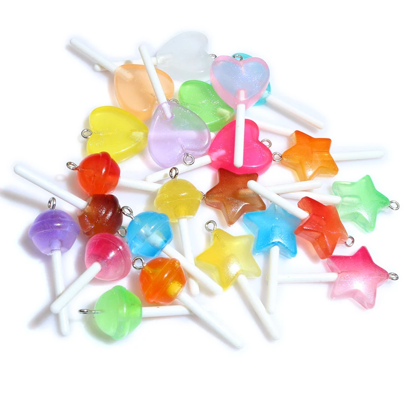 SW44 5Pcs Resin Pendants Shiny Round Star Love Heart Lollipop Charms Mixed Colors for DIY Jewelry Making Accessories Findings﻿