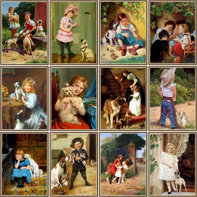 CHENISTORY Oil Painting By Number Girl And Boy Paint On Canvas Pictures By Number Dog Animal Diy Frame Home Decoration