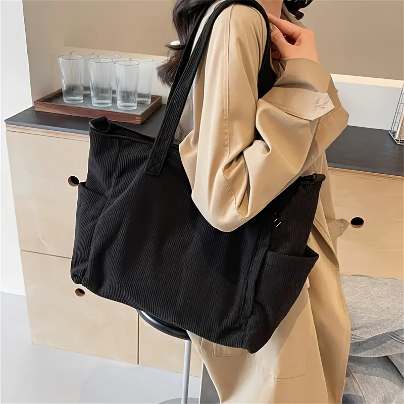 Simple Corduroy Tote Bag, Large Capacity Shoulder Bag, Casual Crossbody Bag For School & Travel
