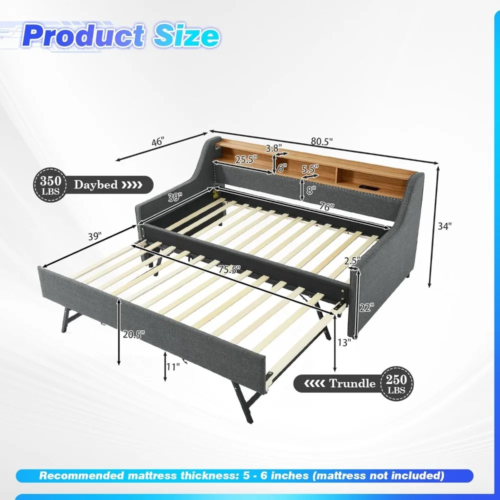 سرير نهاري مزدوج مع دولاب منبثق وشاحن لاسلكي، إطار سرير نهاري للأريكة المنجدة مع لوح رأسي للتخزين LED/USB/Type C/Storage، Twin to King #2