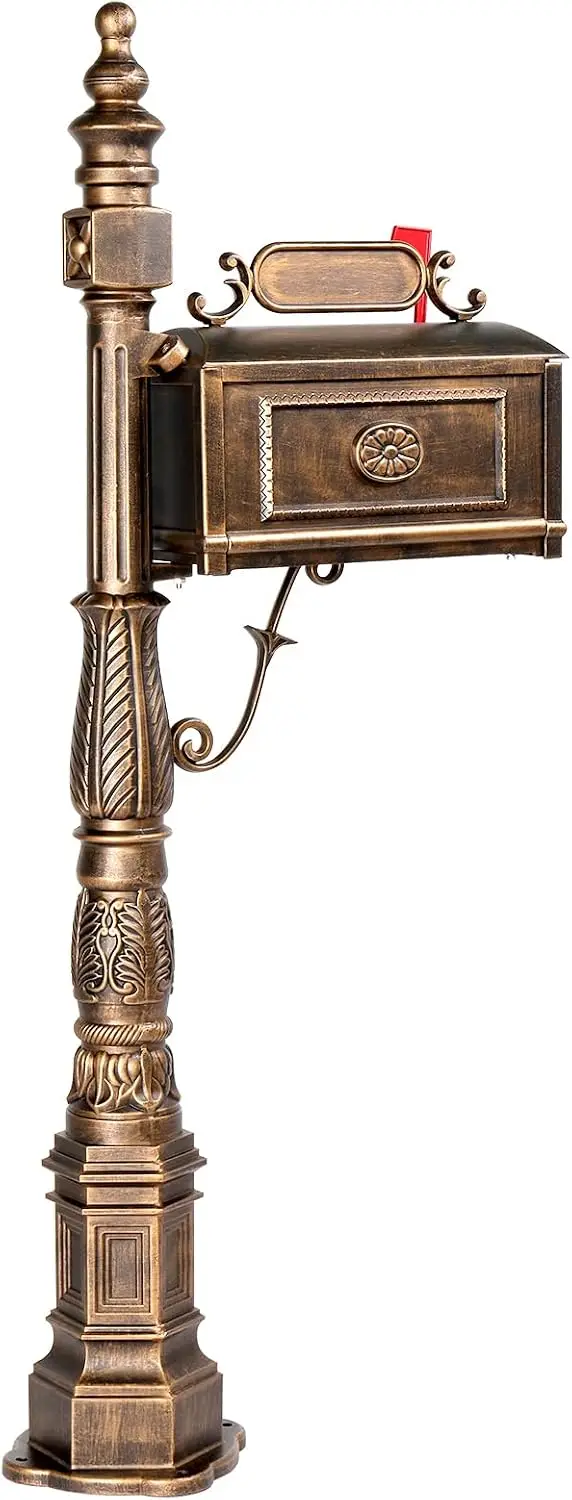 Cast Aluminum Outdoor Mailbox, Decorative Post Mount Mailbox Support Stand, Large Capacity Security Postal Box For Lawn Yard Entryway Driveway Decor, Heavy Duty Rustproof Mailbox Set, Bronze