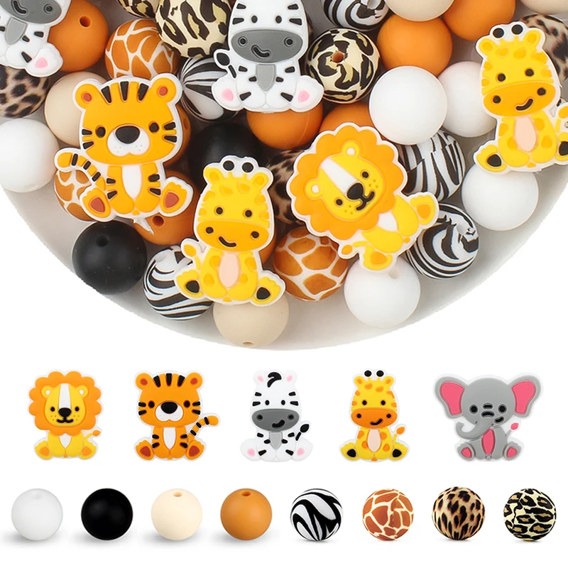 Animal Theme Silicone Beads Set Cute Giraffe Zebra Lion Focal Beads for Jewelry Making DIY Beaded Pen Creative Crafts Decorative
