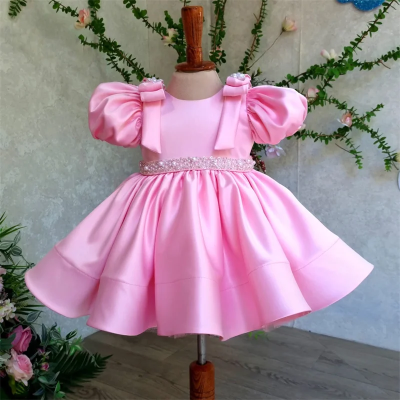 Princess Satin Beading Bow Flower Girl Dresses First Communion Dresses Birthday Christmas Gift Wedding Party Birthday