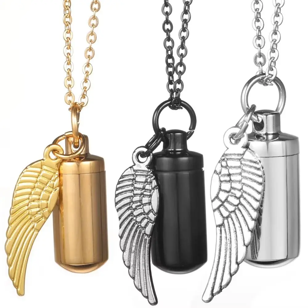 Creative Cremation Urn Necklace Vintage Cylinder Ash Urn Mini Ashes Urn Pendant with Chain Wing Charm Feathers Memorial Necklace