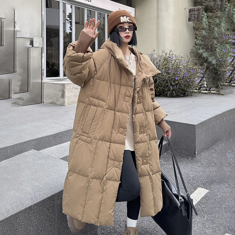 Schinteon Women's White Duck down Long Jacket with Hood Casual Loose Fit Over Size Autumn Winter Thick Warm Outwear High Quality