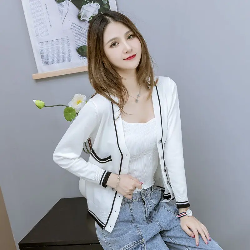 Knitted top cardigan women\'s fashion aesthetic purse sweater jacket 2024 spring Autumn mixed color sweater cardigan women