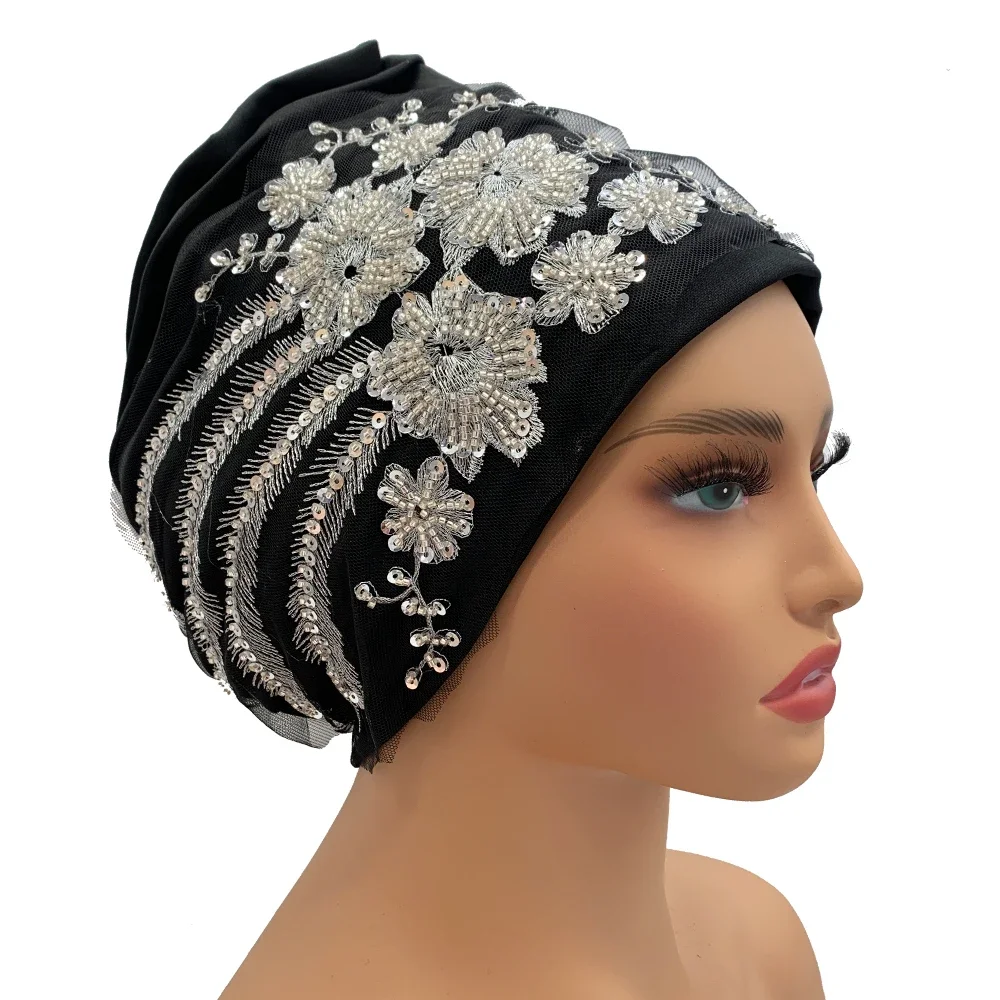 Gorro de turbante musulmán para mujer, gorro de lujo con bordado de cuentas, turbante plisado, estilo africano