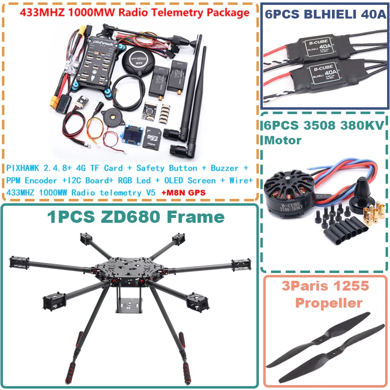 

HotRC ZD680 Full Carbon Fiber Hexa-Rotor Foldable Arm Hexacopter Frame Kit for PIXHAWK 2.4.8 Radio with Unflodable Landing Gear