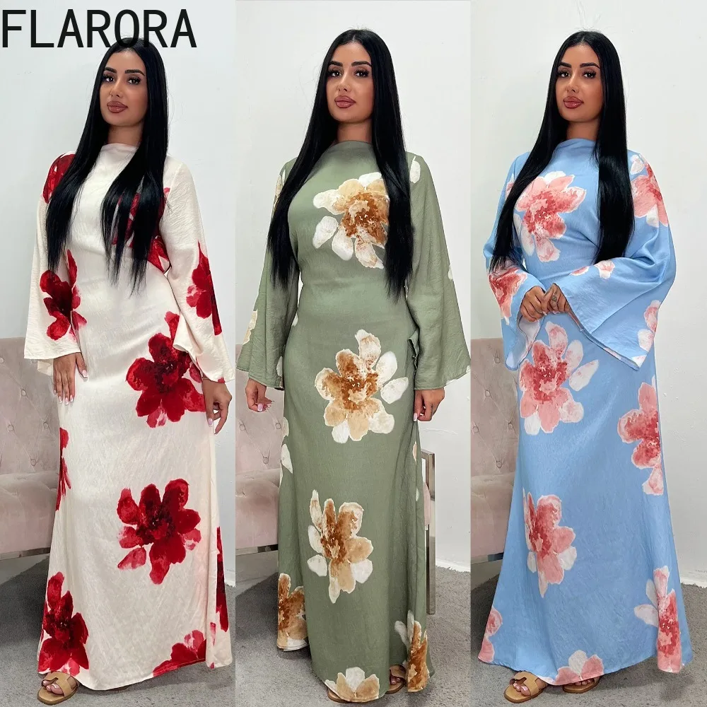

FLARORA Fashion Flower Printing Dress Woman Round Neck Flare Sleeve Waist-Closed Dresses Elegant Evening Birthday Party Vestidos