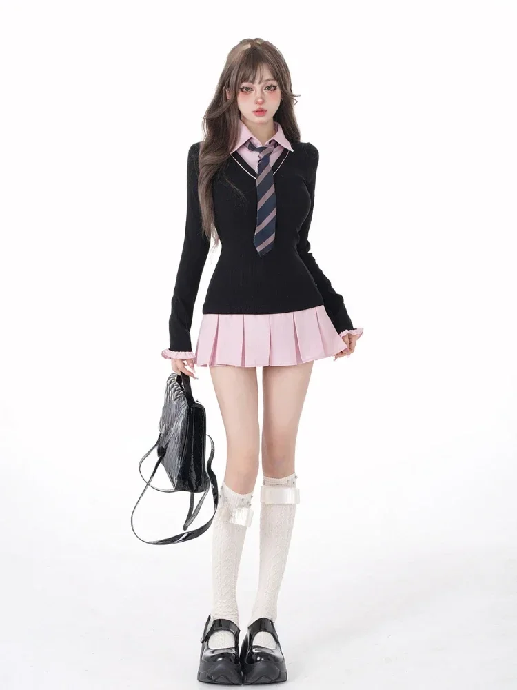 Women  Mini Black Pink  Long Sleeve Shirts Dress Office Lady Causal Outwear Mini Dress Office Lady Outwear Dress Korean Fashion