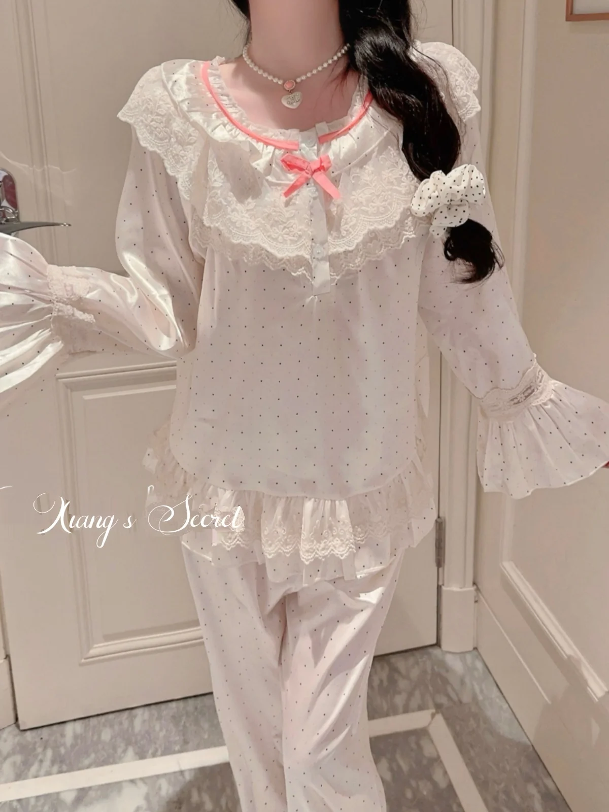 Sweet Retro Cream Princess Court Style Polka Dot Bow Pajamas Japanese Girl Casual and Comfortable Long-sleeved Loungewear Set