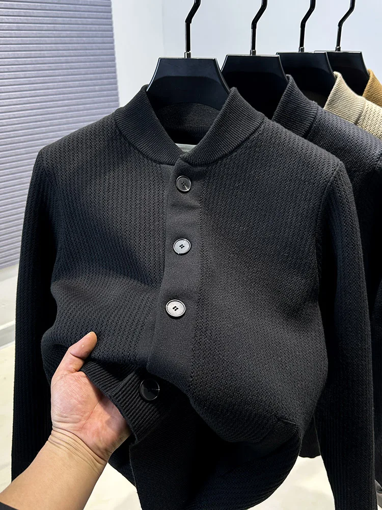 

Мужской вязаный кардиган премиум-класса, однотонный, с вышивкой, воротник-бомбер, модная повседневная верхняя одежда из полиэфирного волокна