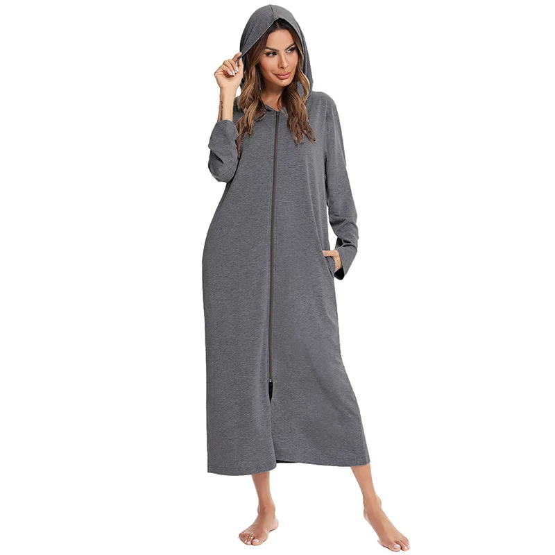 Long Bathrobe Women Hooded Long Sleeve Spring Ladies Dressing Gown Zipper Oversize Autumn Robe Solid Sleepwear For Female