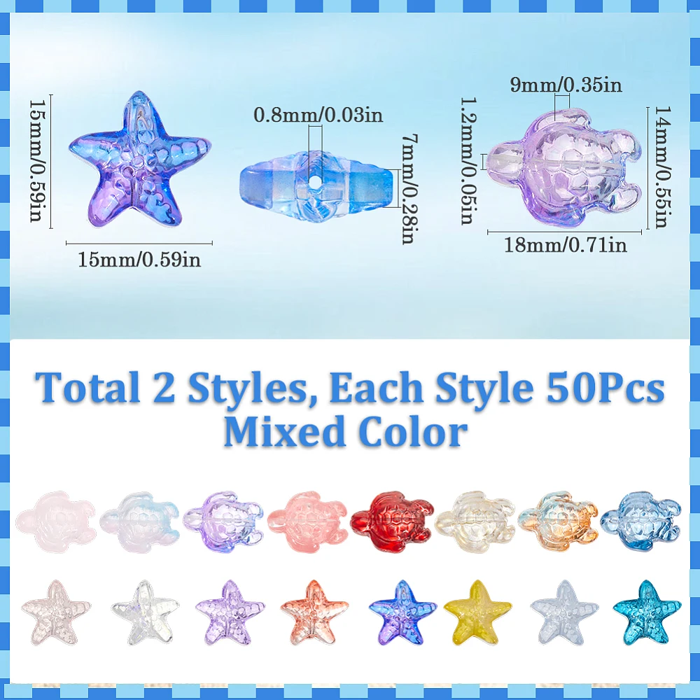 1 Box 100Pcs Sea Turtle Glass Beads Starfish Beads Ocean Bulk Blue Pink Red Colorful Clear Sea Animals Summer Theme Spacer Bead