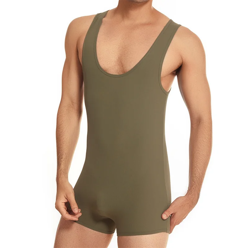 Men Undershirts Bodysuit Tight-fitting High-elastic Sports Wrestling Jumpsuits Gymnastics Nylon Deep Round Neck Undershirts