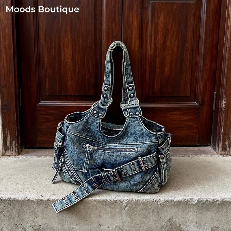 Denim Blue Underarm Shoulder Cross Body Hobo Bags For Women Y2K Fabric Belt Multi Pockets Large Capacity Shopper Tote Bag 2026